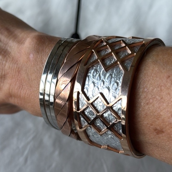 Modern Rose Gold & Silver Tone Snakeskin Textured Lattice Cuff Bracelet - Picture 6 of 11
